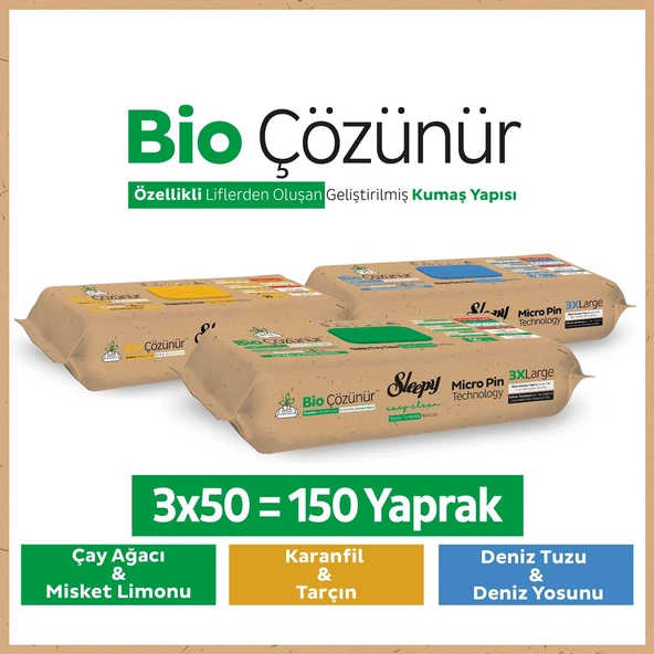 Sleepy Bio Çözünür Yüzey Temizlik Havlusu&Mendili Karma Paket 3x50 (150 Yaprak) ürün görseli 1