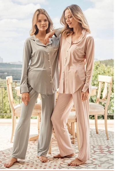 Bone Club 5126 Gri Noktalı Önden Düğmeli Lohusa Pijama Tk ürün görseli 1