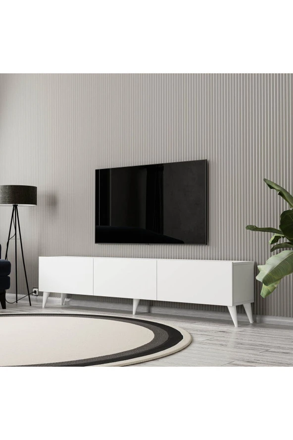 Mezza 1250 ELİSA 3 KAPAKLI KULPSUZ 180 CM AYAKLI TV ÜNİTESİ BEYAZ ürün görseli 1