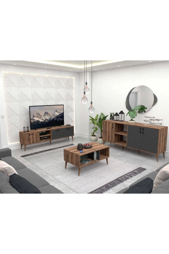 Mezza SET 1581-2070-1620 EXXEN (AHŞAP AYAKLI) TV ÜNİTESİ - ORTA SEHPA - KONSOL SETİ HAT - ANTRASİT ürün görseli 1