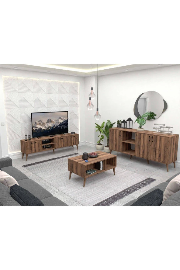 Mezza SET 1583-2072-1622 EXXEN (AHŞAP AYAKLI) TV ÜNİTESİ - ORTA SEHPA - KONSOL SETİ HAT RENGİ ürün görseli 1