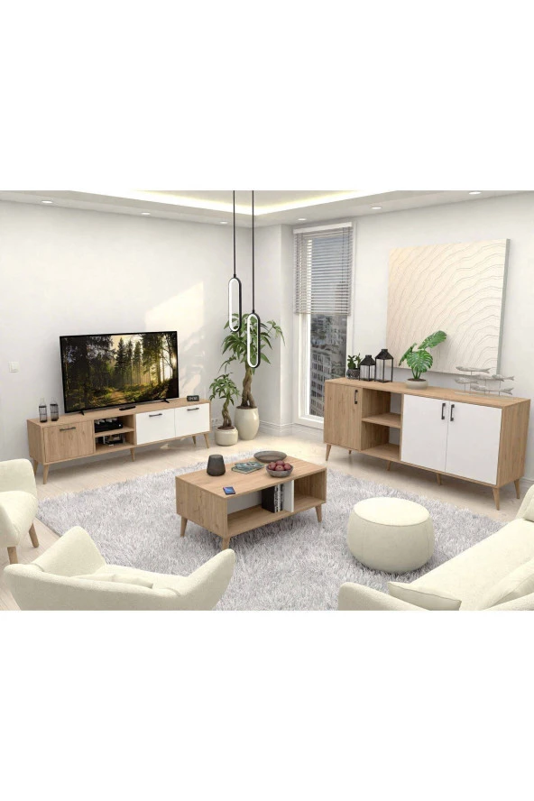 Mezza SET 1585-2074-1624 EXXEN (AHŞAP AYAKLI) TV ÜNİTESİ - ORTA SEHPA - KONSOL SETİ SEPET - BEYAZ ürün görseli 1