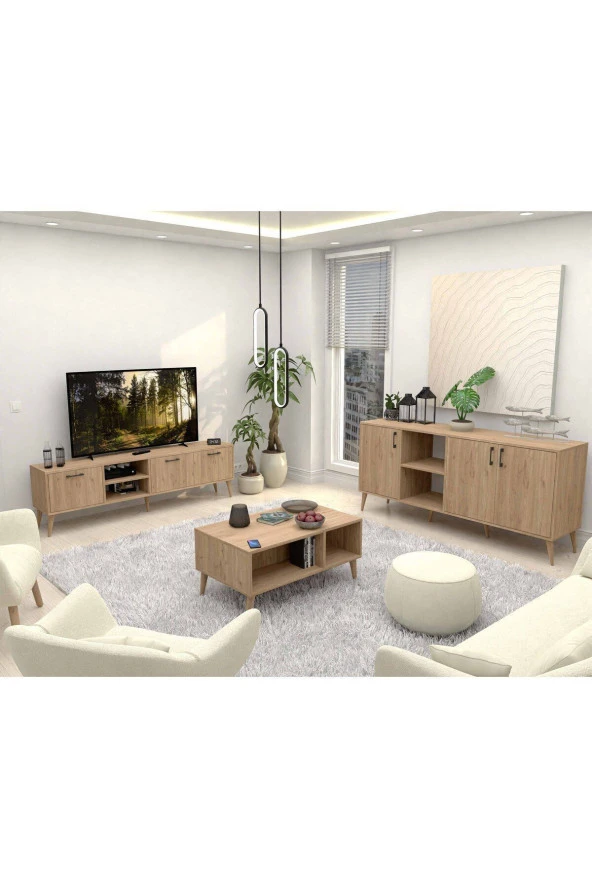 Mezza Set 1587-2076-1626 Exxen (AHŞAP AYAKLI) Tv Ünitesi - Orta Sehpa - Konsol Seti Sepet Rengi ürün görseli 1