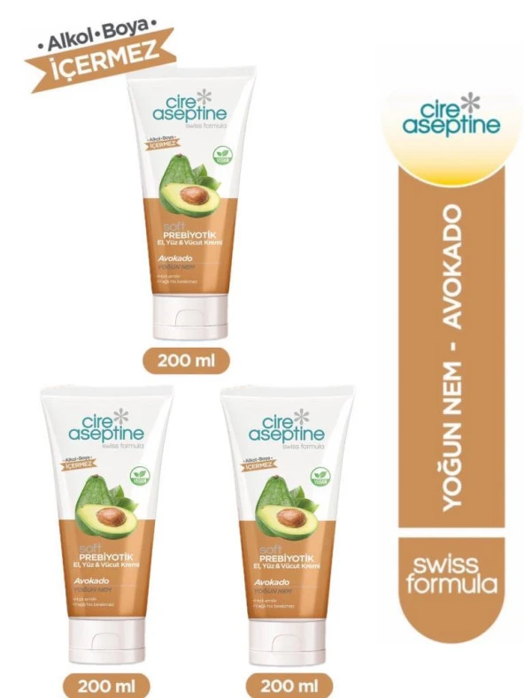 Cire Aseptine Soft Prebiyotik Avokado El,Yüz ve Vücut Kremi 200 Ml 3 Adet ürün görseli 1