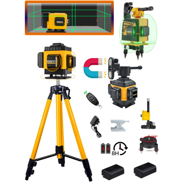 Eisenn Alman 16 Köşe 2 Akülü Artı Lazer Terazi + Tripod Hediyeli Kumandalı Mıknatıslı 360 Derece 45 Mt Menzil Yeşil Çizgi ürün görseli 1
