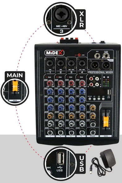 Midex MP-400 Amfili Power Mikser 2x200 WATT 4 Kanal (Bluetooth USB Efekt Kayıt) ürün görseli 1