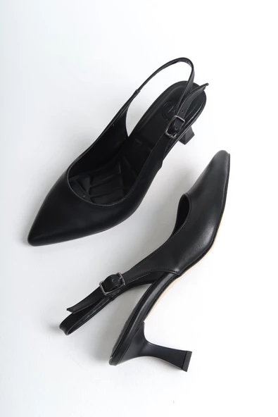 Kas Siyah Mat Stiletto Arkası Açık Kadeh Topuklu Ayakkabı ürün görseli 1