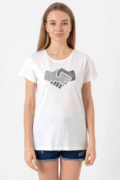 Shake Hands Icon Beyaz Kadın Bisikletyaka Tshirt ürün görseli 1