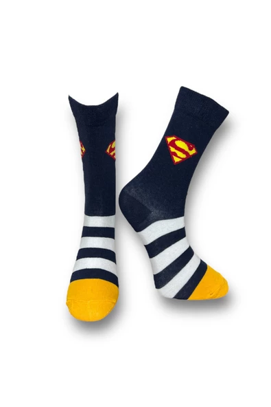 Me-vo Tekli Lacivert Renkli Bay/Bayan Unisex Esnek Nem Alabilen Pamuklu Superman Desenli Soket Çorap ürün görseli 1