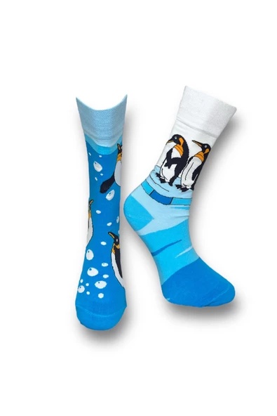 Me-vo Tekli Mavi Renkli Bay/Bayan Unisex Esnek Nem Alabilen Pamuklu Penguen Desenli Soket Çorap ürün görseli 1