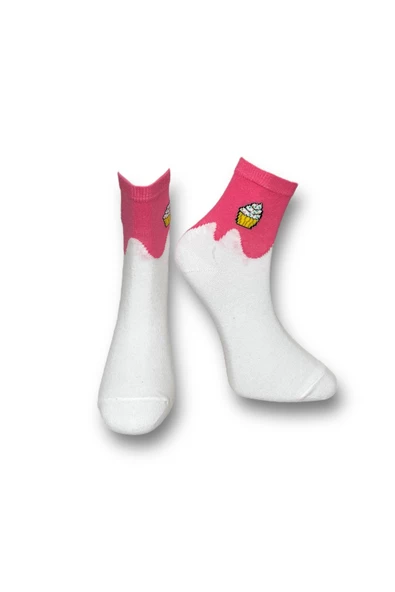 Me-vo Tekli Pembe Renkli Bay/Bayan Unisex Esnek Nem Alabilen Pamuklu Cupcake Desenli Soket Çorap ürün görseli 1