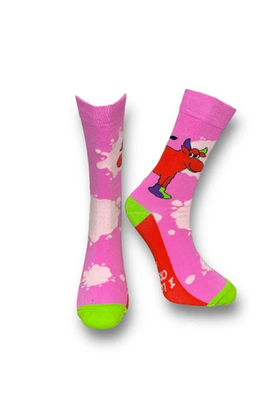 Me-vo Tekli Pembe Renkli Bay/Bayan Unisex Esnek Nem Alabilen Pamuklu İnek Desenli Soket Çorap ürün görseli 1