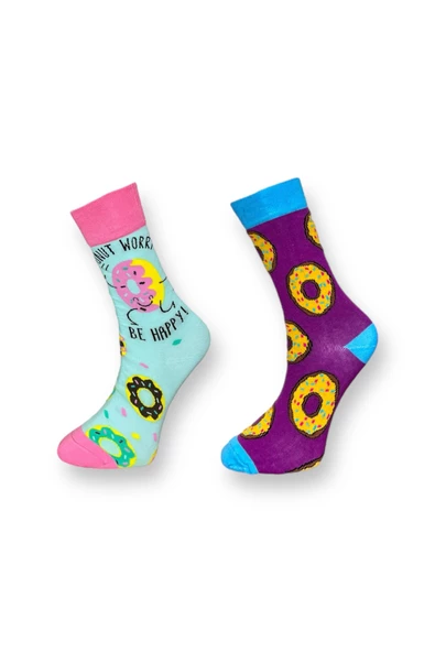 Me-vo  2'li Çok Renkli Bay/Bayan Unisex Esnek Nem Alabilen Pamuklu Donut Desenli Soket Çoraplar ürün görseli 1