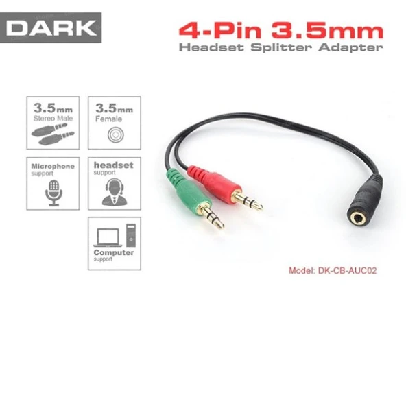 DARK DK-CB-AUC02 1x dişi 2x erkek Stereo Ses Ara Kablosu ürün görseli 1