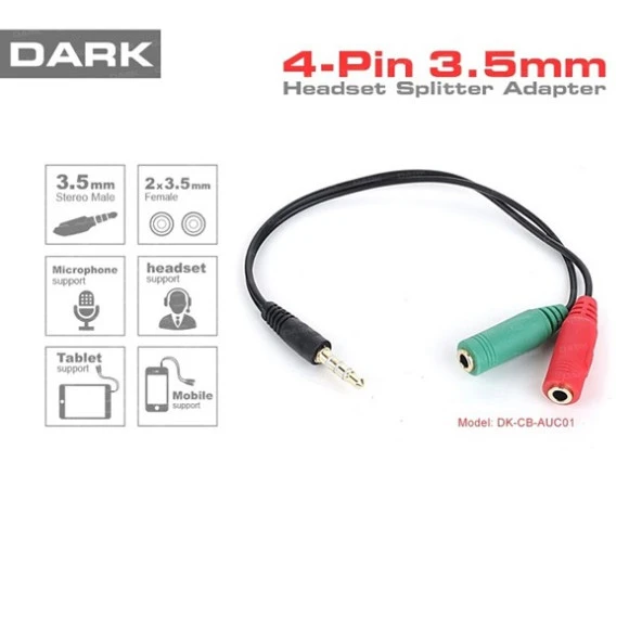 DARK DK-CB-AUC01 1x erkek Stereo 2x dişi Ses Ara Kablosu ürün görseli 1