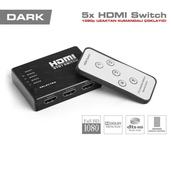 DARK 5port DK-HD-SW4X1 5port HDMI (giriş) 1port HDMI (çıkış) 1920x1080 HDMI Switch ürün görseli 1