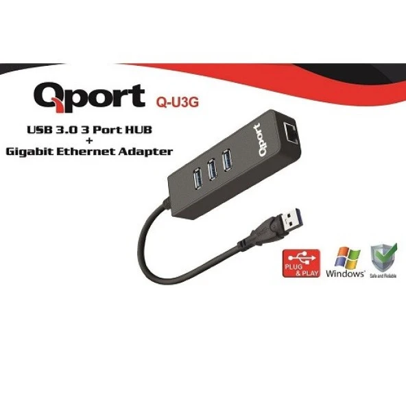QPORT Q-U3G Gigabit 1port USB 3.0 Ethernet,3x USB Çoklayıcı ürün görseli 1