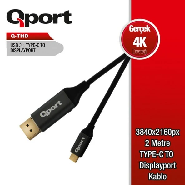 QPORT Q-THD 2metre TYPE-C - DP Çevirici Kablo Siyah 4K ürün görseli 1