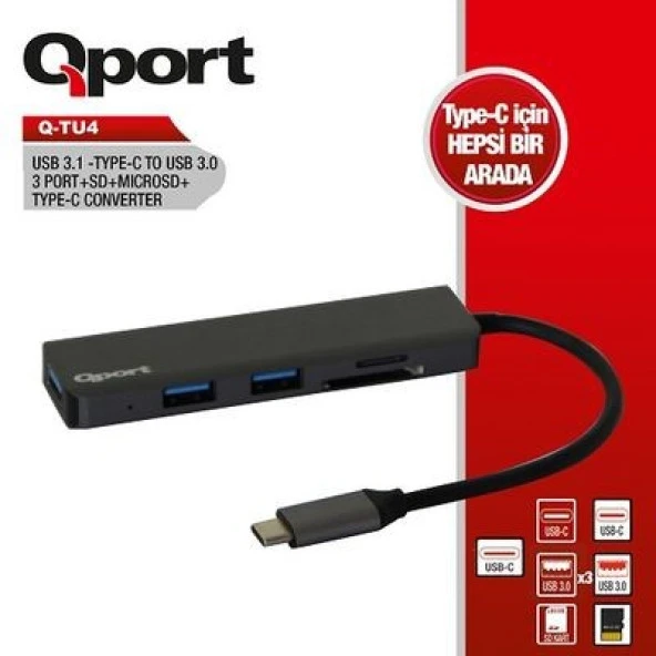 QPORT Q-TU4 3port Type-C & USB 3.0 Kart Okuyucu Siyah USB Çoklayıcı Hub ürün görseli 1