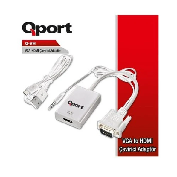 QPORT Q-VH 0.15metre VGA- HDMI Görüntü Adaptörü Beyaz Sesli 1080p ürün görseli 1