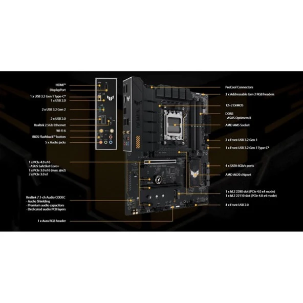 ASUS TUF GAMING A620-PRO WIFI-6 DDR5 HDMI-DP PCIE 4.0 AM5 ATX ürün görseli 1