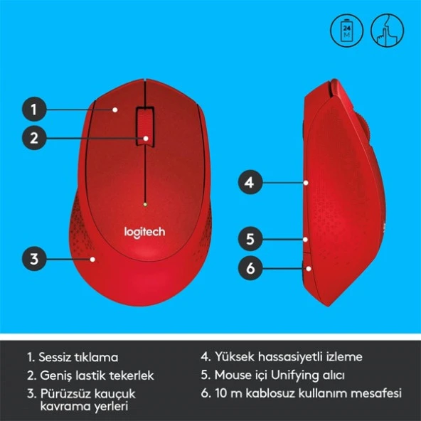 Logıtech M330 Sessiz Kablosuz Mouse-Kırmızı 910-004911 - Resim 6