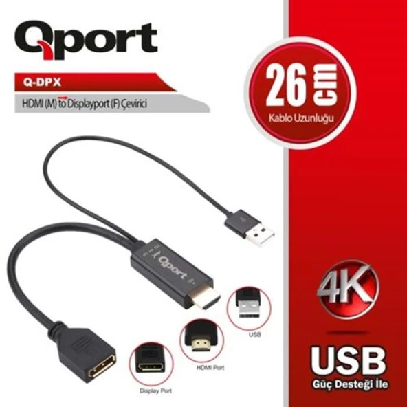 QPORT Q-DPX 0.15metre HDMI-DP (dişi) Çevirici Adaptör ürün görseli 1