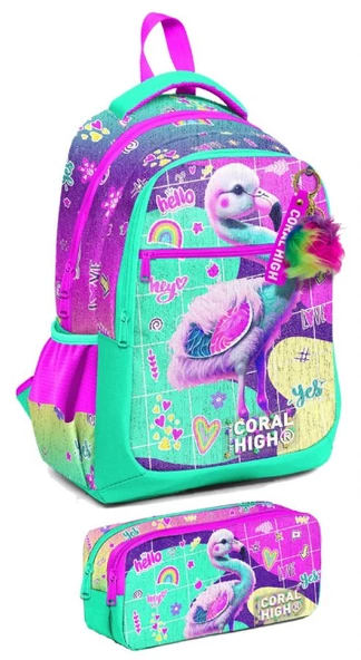 Coral High İlkokul Sırt Çantası ve Kalemlik Seti - Kız Çocuk - Pembe Su Yeşili Flamingo ürün görseli 1