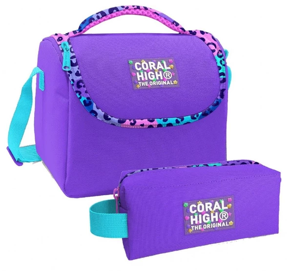 Coral High Mor Leopar Desenli Kız Çocuk Isı Yalıtımlı Beslenme Çantası ve Kalemlik Seti ürün görseli 1
