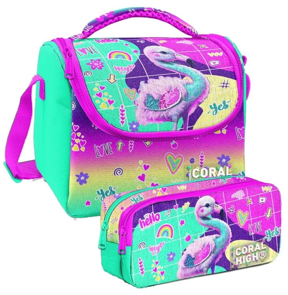 Coral High Pembe Su Yeşili Flamingo Desenli Kız Çocuk Isı Yalıtımlı Beslenme Çantası ve Kalemlik Seti ürün görseli 1