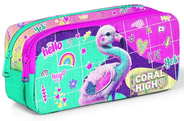 Coral High Pembe Su Yeşili Flamingo İki Bölmeli Kalem Çantası - Kız Çocuk ürün görseli 1