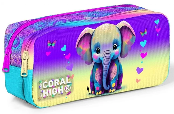 Coral High Pembe Turkuaz Fil İki Bölmeli Kalem Çantası - Kız Çocuk ürün görseli 1