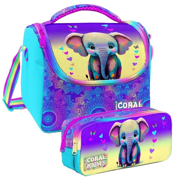 Coral High Pembe Turkuaz Fil Desenli Kız Çocuk Isı Yalıtımlı Beslenme Çantası ve Kalemlik Seti ürün görseli 1