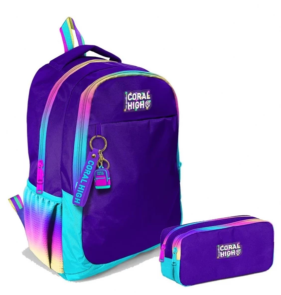 Coral High Kız Çocuk Rainbow Fermuarlı Mor İlkokul ve Ortaokul Sırt Çantası ve Kalemlik Seti ürün görseli 1