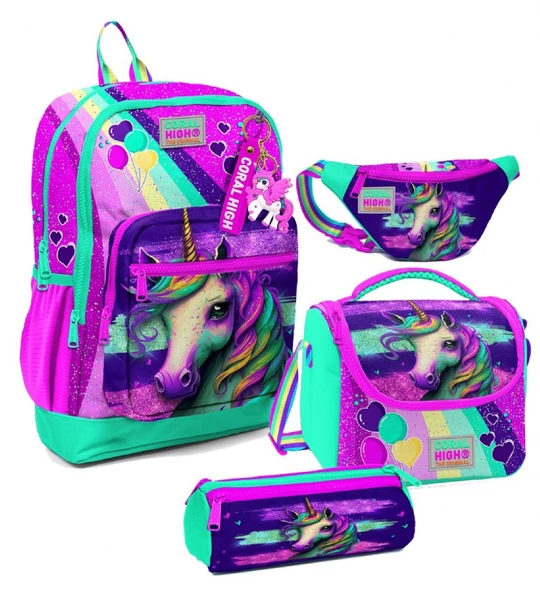 Coral High Kız Çocuk Pembe Su Yeşili Unicorn Desenli İlkokul Okul Çanta Seti ve Bel Çantası ürün görseli 1