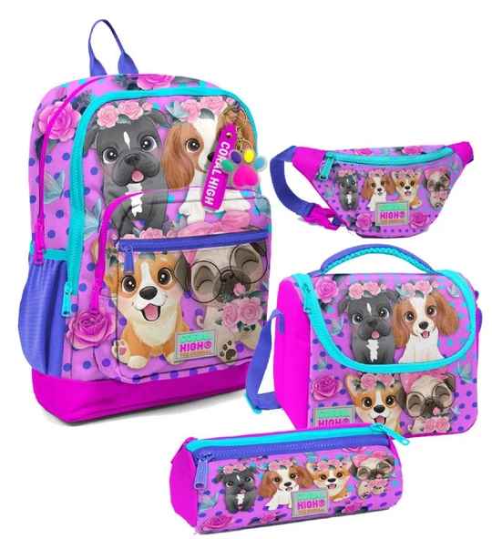 Coral High Kız Çocuk Pembe Köpek Desenli İlkokul Okul Çanta Seti ve Bel Çantası ürün görseli 1