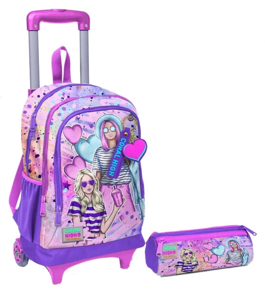 Coral High Pembe Mor Fashion Girl Işıklı Tekerlekli Çekçek Çanta ve Kalemlik Seti - Kız Çocuk ürün görseli 1