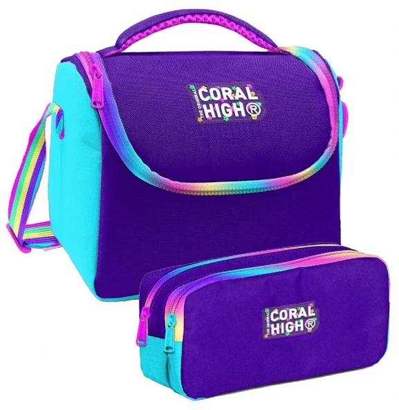 Coral High Rainbow Fermuarlı Mor Desenli Kız Çocuk Isı Yalıtımlı Beslenme Çantası ve Kalemlik Seti ürün görseli 1