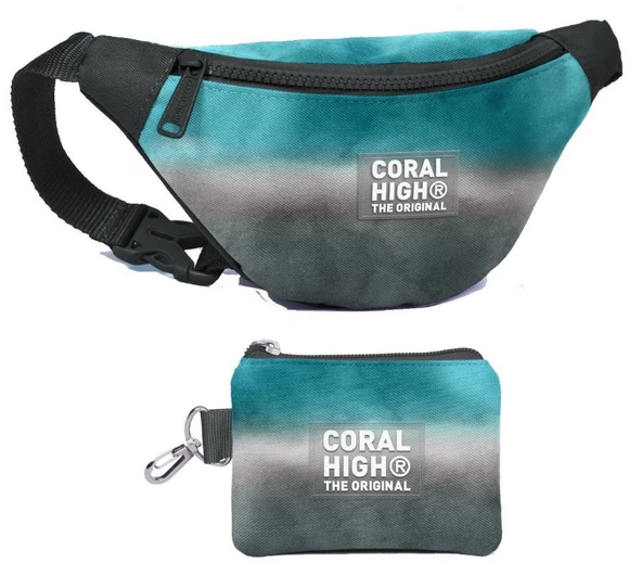 Coral High Erkek Çocuk Turkuaz Gri Batik Desenli Bel Çantası ve Bozuk Para Cüzdanı Set ürün görseli 1