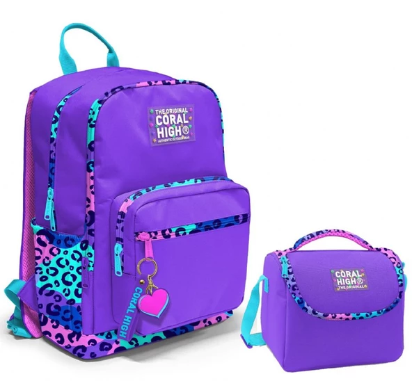 Coral High Dört Bölmeli Ortaokul Çantası ve Beslenme Çantası Seti - Mor Leopar - Kız Çocuk ürün görseli 1