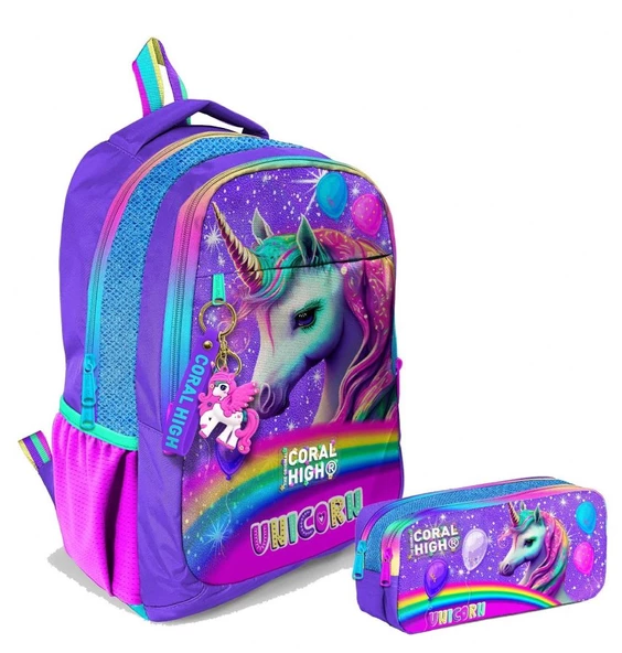 Coral High Kız Çocuk Mor Simli Unicorn İlkokul ve Ortaokul Sırt Çantası ve Kalemlik Seti ürün görseli 1