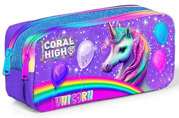 Coral High Mor Simli Unicorn İki Bölmeli Kalem Çantası - Kız Çocuk ürün görseli 1