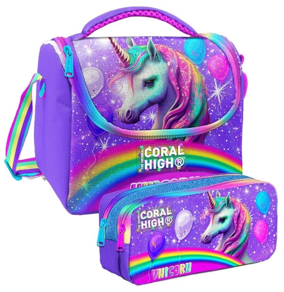 Coral High Mor Simli Unicorn Desenli Kız Çocuk Isı Yalıtımlı Beslenme Çantası ve Kalemlik Seti ürün görseli 1