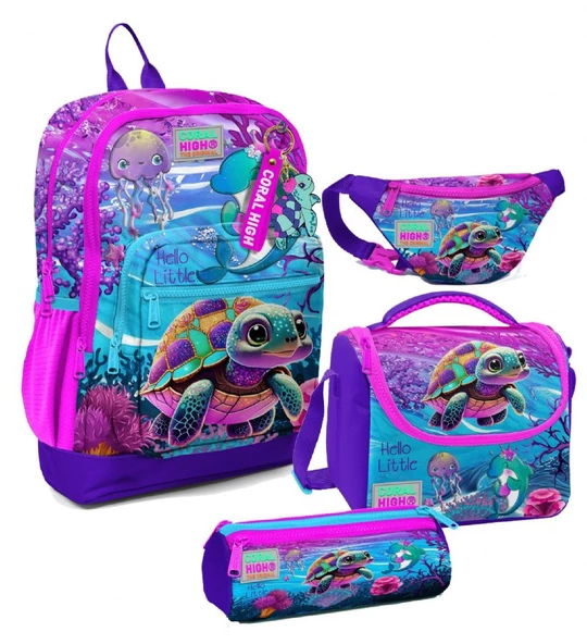 Coral High Kız Çocuk Pembe Mor Kaplumbağa Desenli İlkokul Okul Çanta Seti ve Bel Çantası ürün görseli 1