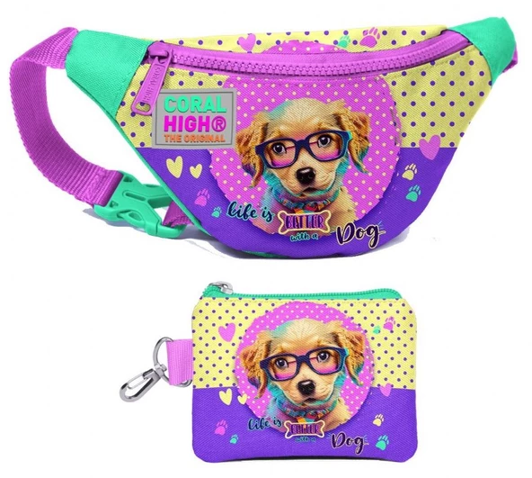 Coral High Kız Çocuk Sarı Pembe Sevimli Köpek Desenli Bel Çantası ve Bozuk Para Cüzdanı Set ürün görseli 1