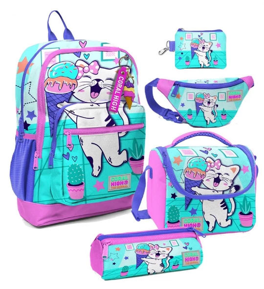 Coral High Kız Çocuk Turkuaz Pembe Dondurmalı Kedi Desenli Beşli İlkokul Okul Çanta Seti ürün görseli 1
