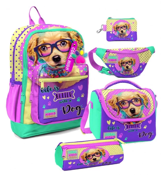 Coral High Kız Çocuk Sarı Pembe Sevimli Köpek Desenli Beşli İlkokul Okul Çanta Seti ürün görseli 1