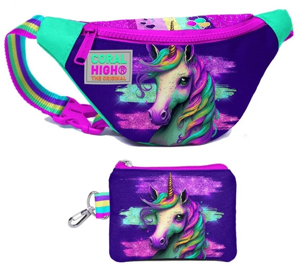 Coral High Kız Çocuk Pembe Su Yeşili Unicorn Desenli Bel Çantası ve Bozuk Para Cüzdanı Set ürün görseli 1