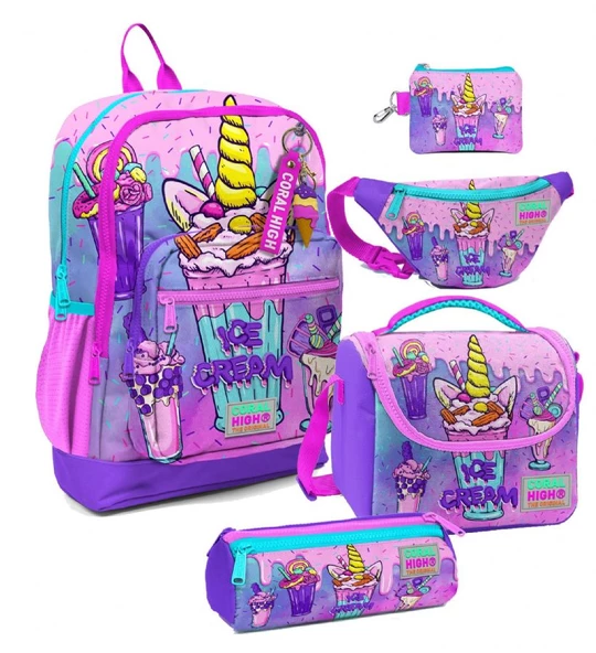 Coral High Kız Çocuk Pembe Mor Dondurma Desenli Beşli İlkokul Okul Çanta Seti ürün görseli 1