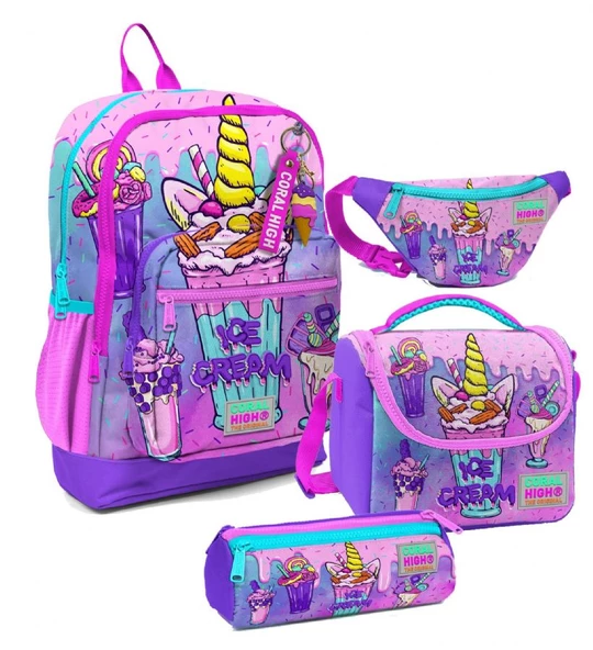Coral High Kız Çocuk Pembe Mor Dondurma Desenli İlkokul Okul Çanta Seti ve Bel Çantası ürün görseli 1